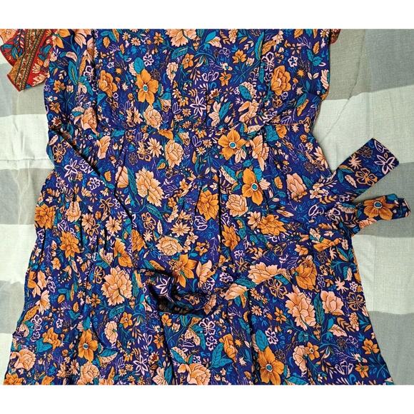 Womens Bohemia Side Split V Neck Ruffles Short Sleeves Maxi Dress with Belt Sz M - Picture 12 of 16